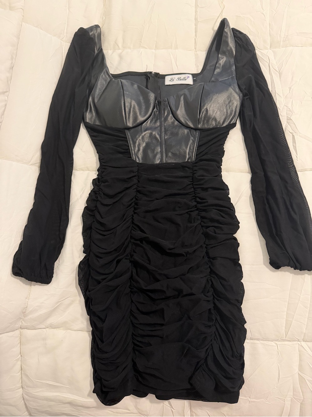 Black Long-Sleeve Ruched Dress with Faux Leather Bodice